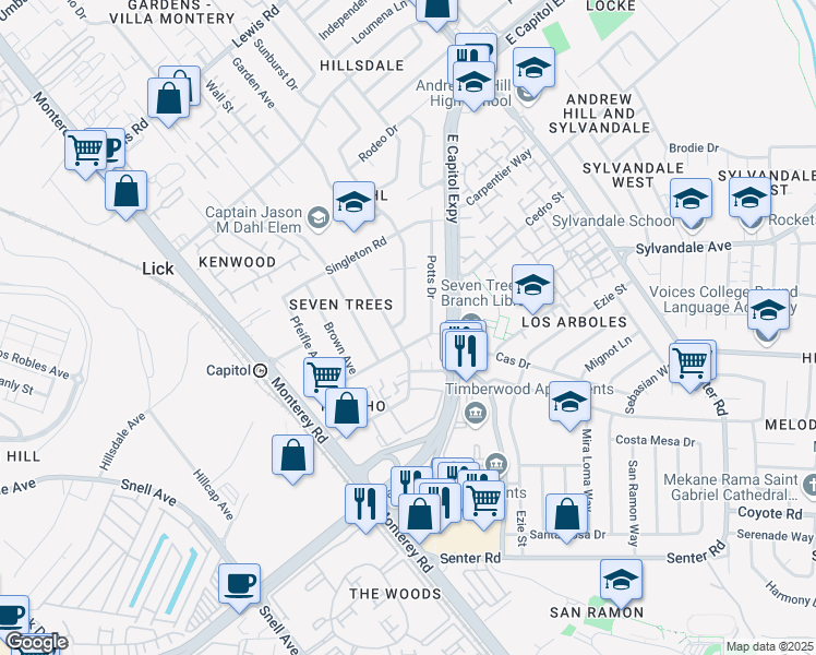 map of restaurants, bars, coffee shops, grocery stores, and more near 13160 Haga Drive in San Jose