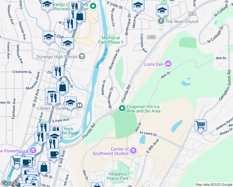 map of restaurants, bars, coffee shops, grocery stores, and more near 40 La Plata Place in Durango