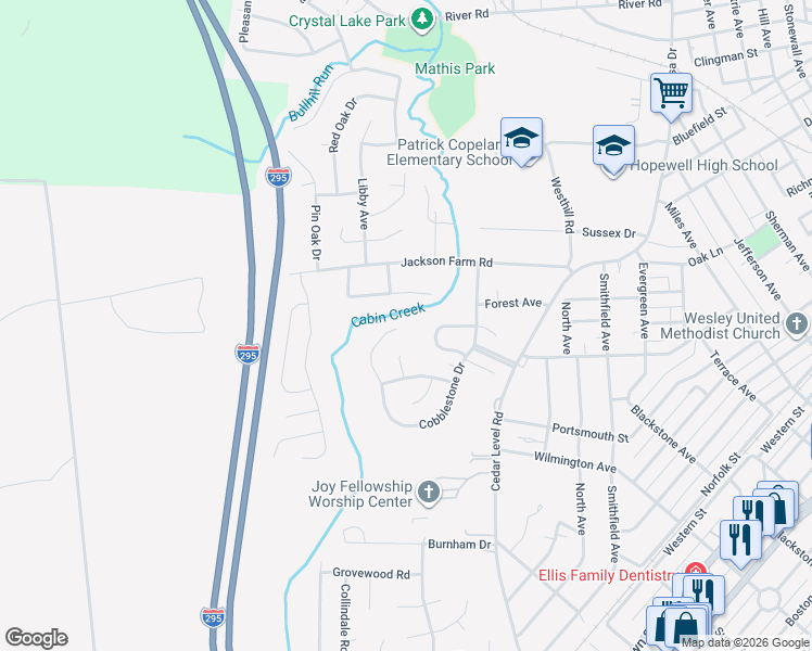 map of restaurants, bars, coffee shops, grocery stores, and more near 520 Cobblestone Drive in Hopewell