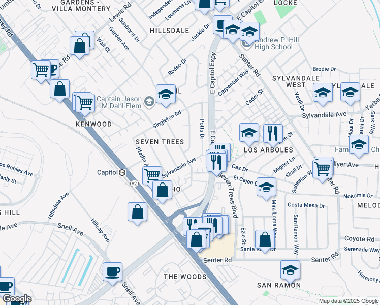 map of restaurants, bars, coffee shops, grocery stores, and more near 13160 Haga Drive in San Jose