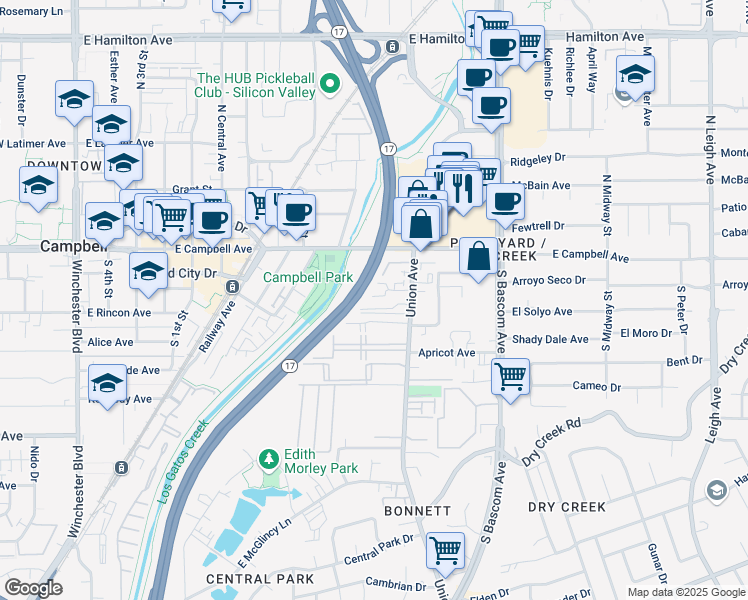 map of restaurants, bars, coffee shops, grocery stores, and more near 725 Duncanville Court in Campbell