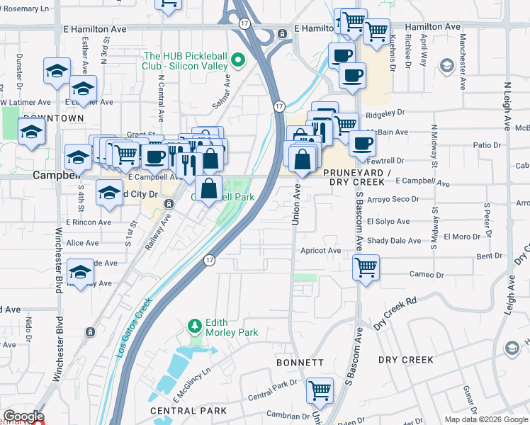 map of restaurants, bars, coffee shops, grocery stores, and more near 728 Duncanville Court in Campbell