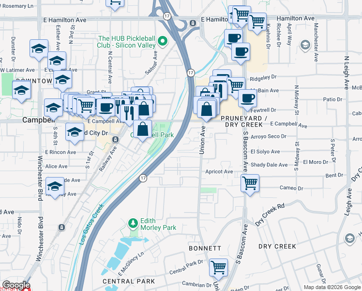 map of restaurants, bars, coffee shops, grocery stores, and more near 728 Duncanville Court in Campbell