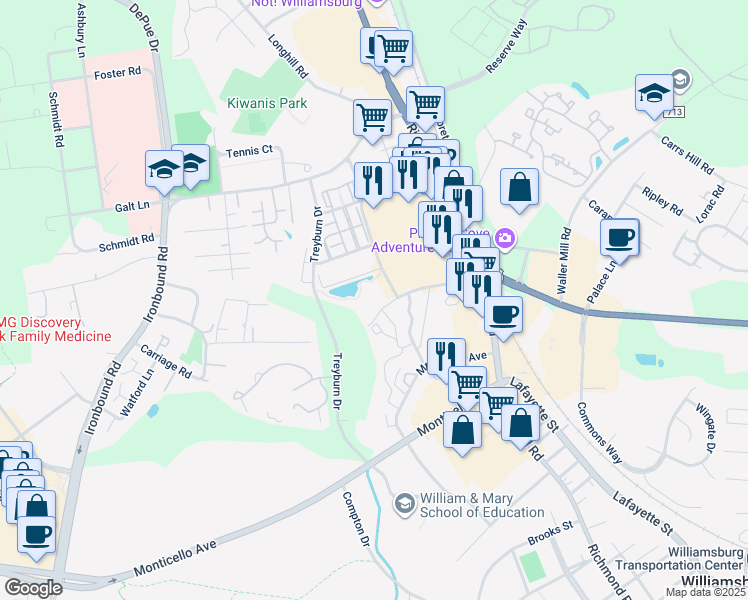 map of restaurants, bars, coffee shops, grocery stores, and more near 200 New Hope Road in Williamsburg