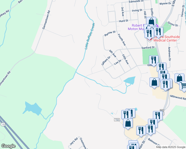 map of restaurants, bars, coffee shops, grocery stores, and more near 1711 Lee Drive in Farmville