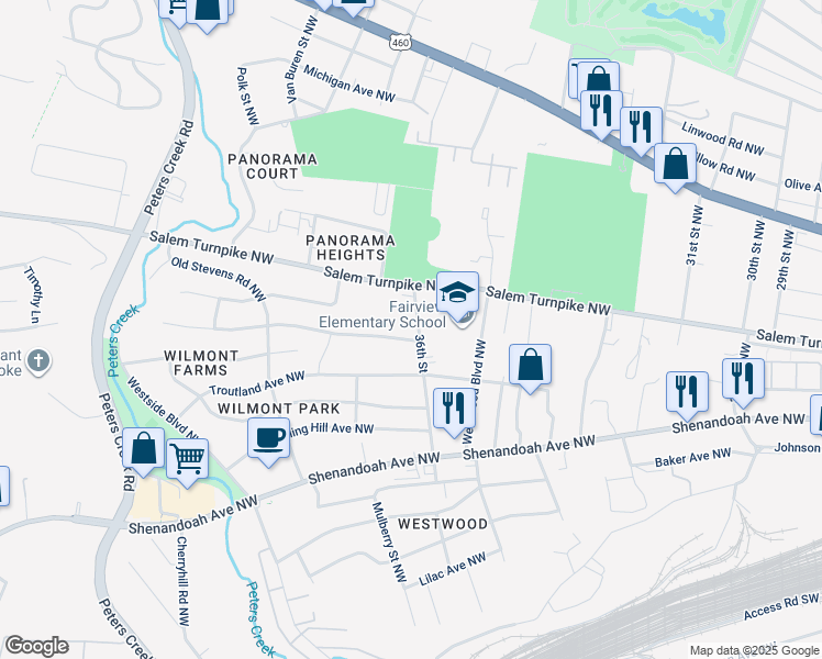 map of restaurants, bars, coffee shops, grocery stores, and more near 640 36th Street in Roanoke