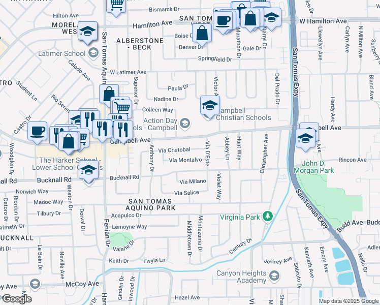 map of restaurants, bars, coffee shops, grocery stores, and more near 3910 Vía Cristobal in Campbell
