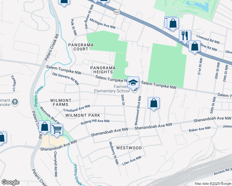 map of restaurants, bars, coffee shops, grocery stores, and more near 3621 Long Meadow Avenue Northwest in Roanoke