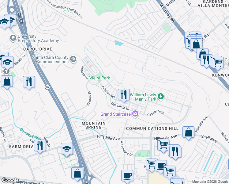 map of restaurants, bars, coffee shops, grocery stores, and more near 609 Adeline Avenue in San Jose