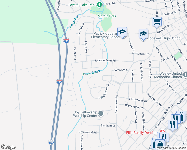 map of restaurants, bars, coffee shops, grocery stores, and more near 520 Cobblestone Drive in Hopewell