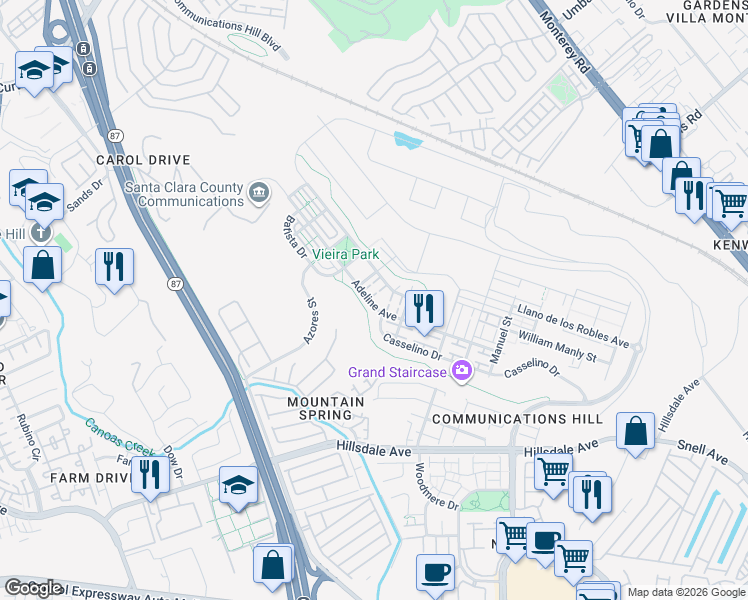 map of restaurants, bars, coffee shops, grocery stores, and more near 585 Adeline Avenue in San Jose