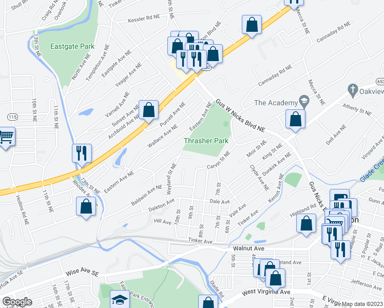 map of restaurants, bars, coffee shops, grocery stores, and more near 1814 Edmund Avenue Northeast in Roanoke