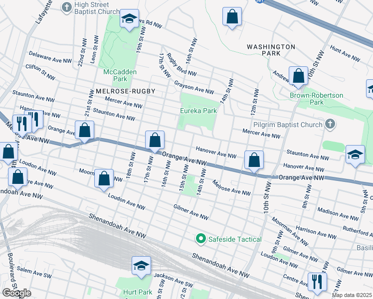 map of restaurants, bars, coffee shops, grocery stores, and more near 1506 Hanover Avenue Northwest in Roanoke