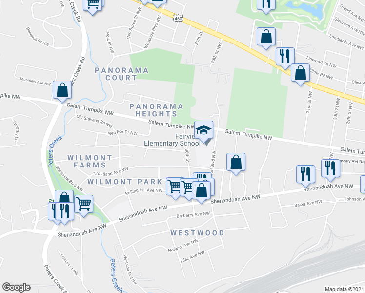 map of restaurants, bars, coffee shops, grocery stores, and more near 640 36th Street in Roanoke