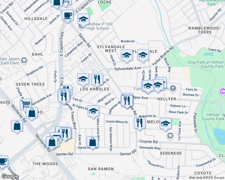 map of restaurants, bars, coffee shops, grocery stores, and more near 3788 Dottielyn Avenue in San Jose
