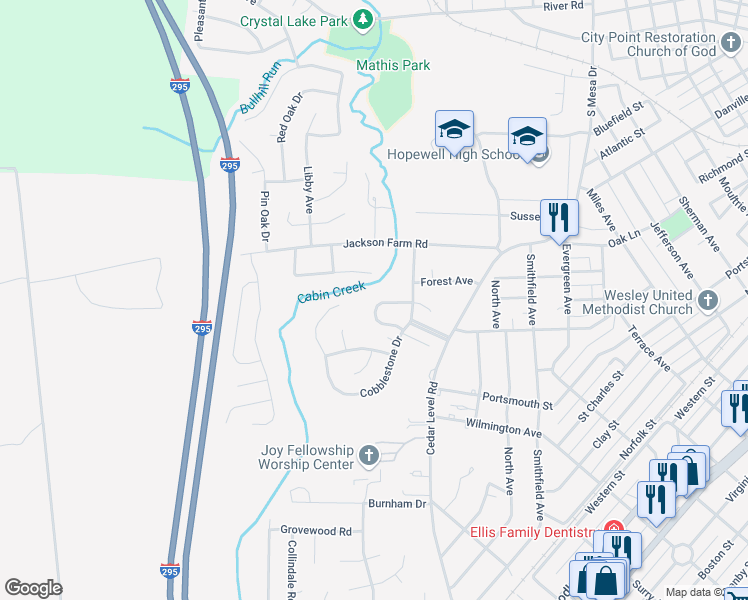 map of restaurants, bars, coffee shops, grocery stores, and more near 3509 Cobblestone Terrace in Hopewell