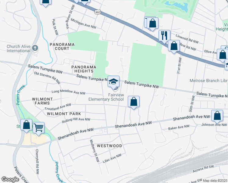 map of restaurants, bars, coffee shops, grocery stores, and more near 648 Westwood Boulevard Northwest in Roanoke