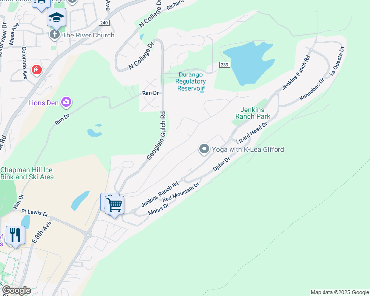 map of restaurants, bars, coffee shops, grocery stores, and more near 304 Hillcrest Drive in Durango
