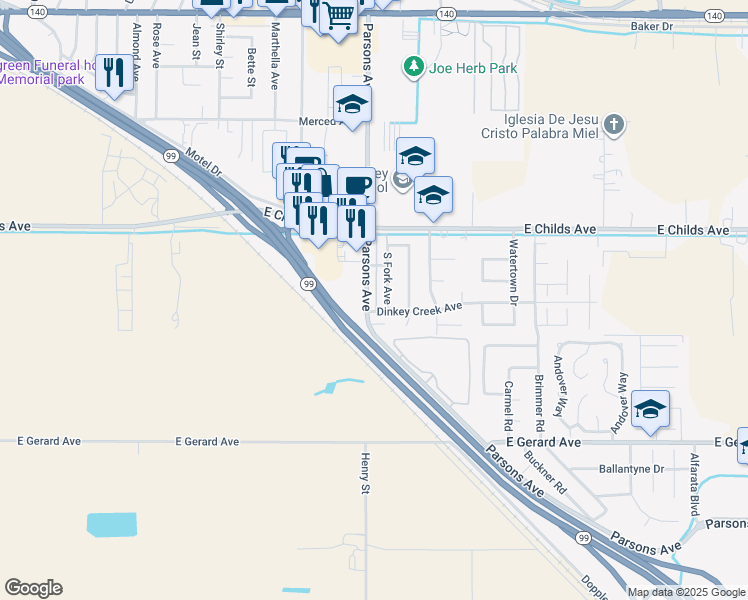 map of restaurants, bars, coffee shops, grocery stores, and more near 144 South Parsons Avenue in Merced