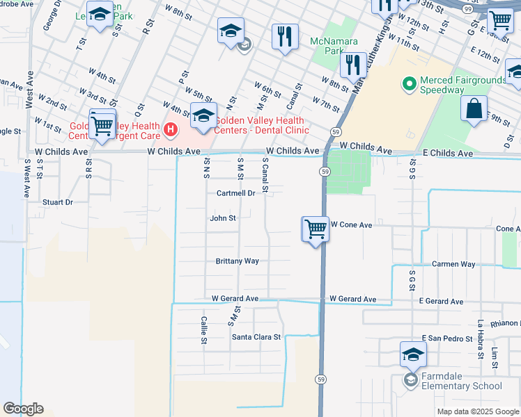 map of restaurants, bars, coffee shops, grocery stores, and more near 504 John Court in Merced