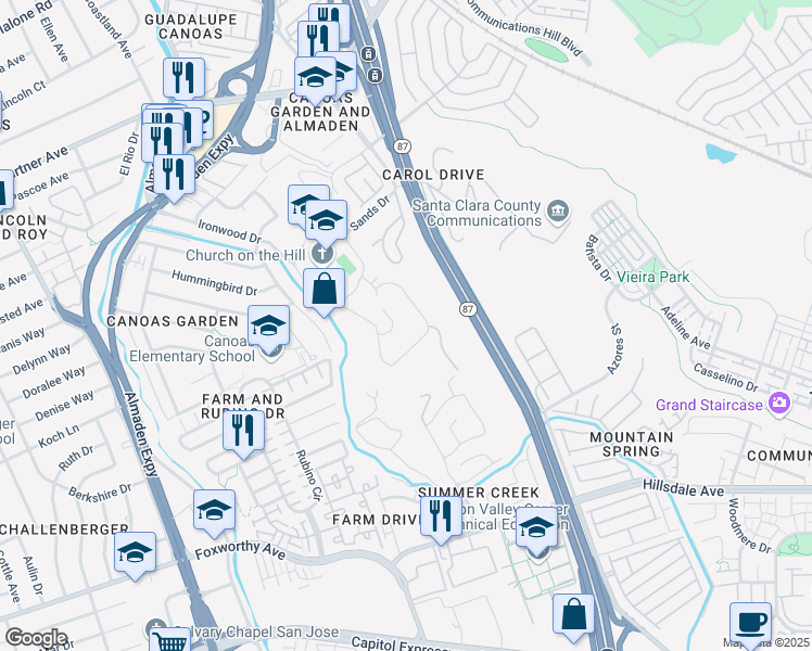 map of restaurants, bars, coffee shops, grocery stores, and more near 790 Ironwood Drive in San Jose