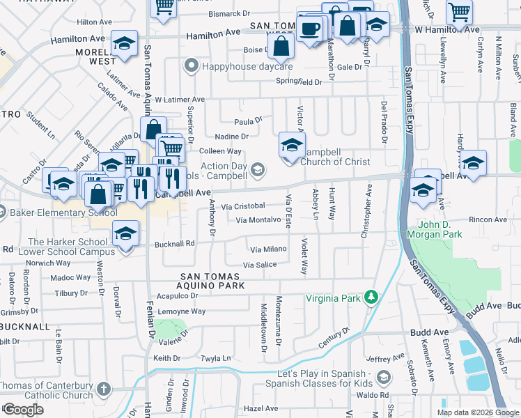 map of restaurants, bars, coffee shops, grocery stores, and more near 3910 Vía Cristobal in Campbell