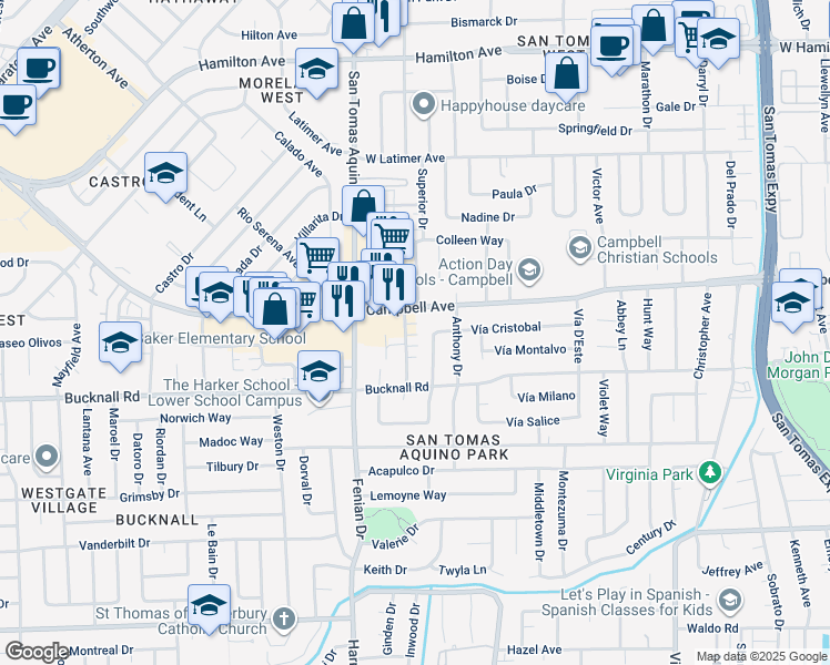 map of restaurants, bars, coffee shops, grocery stores, and more near 50 Kim Louise Drive in Campbell