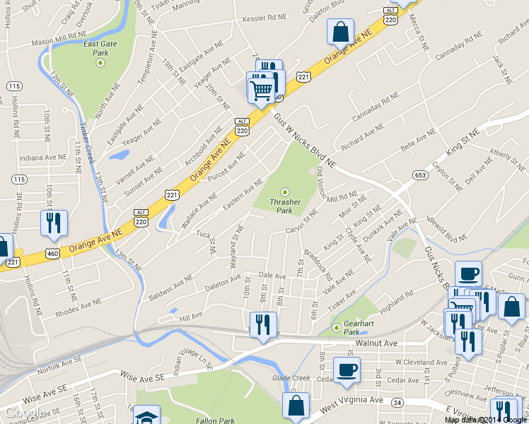 map of restaurants, bars, coffee shops, grocery stores, and more near 1820 Edmund Avenue Northeast in Roanoke