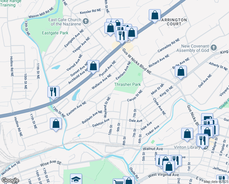 map of restaurants, bars, coffee shops, grocery stores, and more near 1802 Wayland Street Northeast in Roanoke
