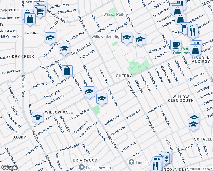 map of restaurants, bars, coffee shops, grocery stores, and more near 2247 Cheryl Way in San Jose