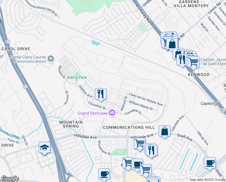 map of restaurants, bars, coffee shops, grocery stores, and more near 3075 Empoli Street in San Jose