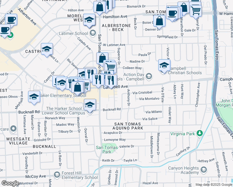map of restaurants, bars, coffee shops, grocery stores, and more near 50 Kim Louise Drive in Campbell