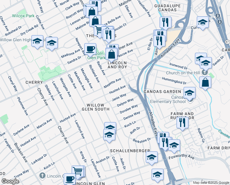 map of restaurants, bars, coffee shops, grocery stores, and more near 1156 Husted Avenue in San Jose