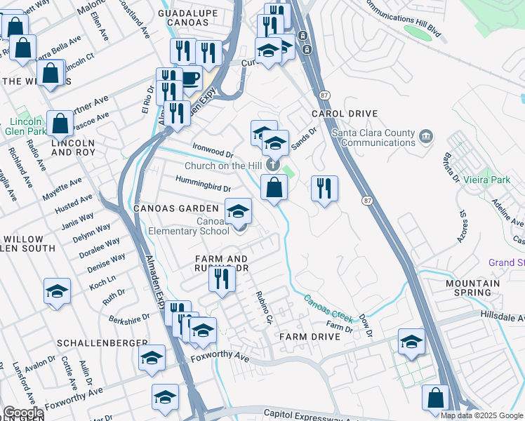 map of restaurants, bars, coffee shops, grocery stores, and more near 2591 Nightingale Dr in San Jose