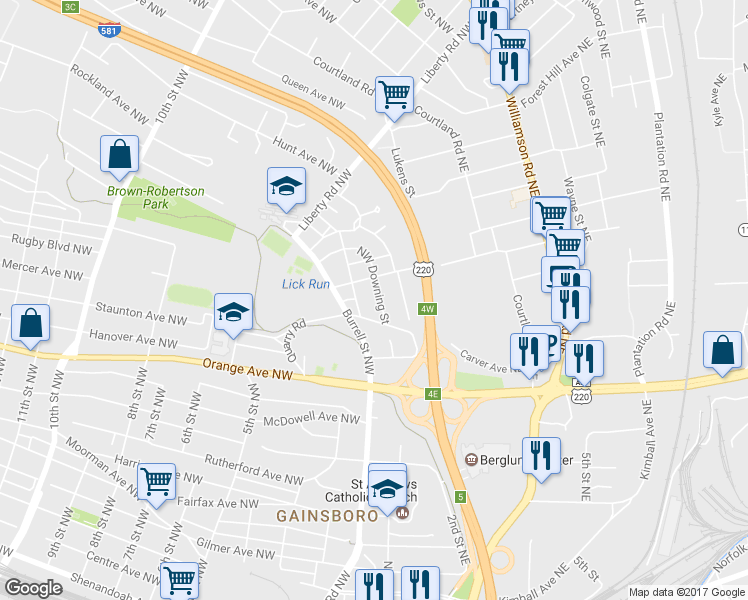 map of restaurants, bars, coffee shops, grocery stores, and more near 1606 Northwest Downing Street in Roanoke