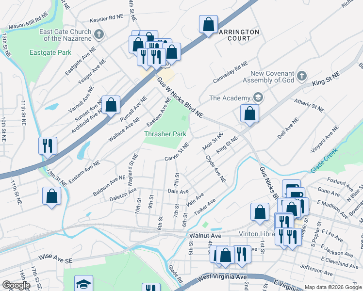 map of restaurants, bars, coffee shops, grocery stores, and more near 2126 Carvin Street Northeast in Roanoke