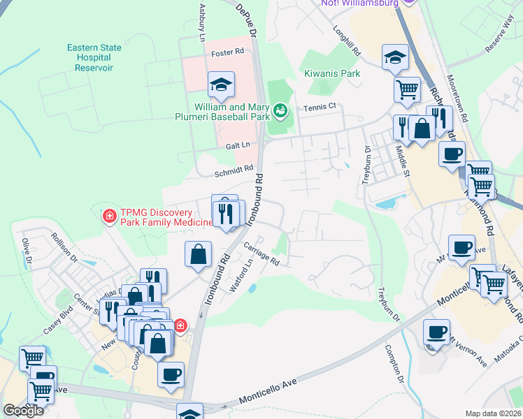 map of restaurants, bars, coffee shops, grocery stores, and more near 5304 Palmer Lane in Williamsburg
