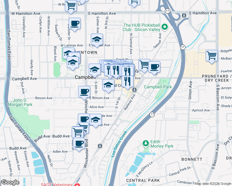 map of restaurants, bars, coffee shops, grocery stores, and more near 110 South Second Street in Campbell