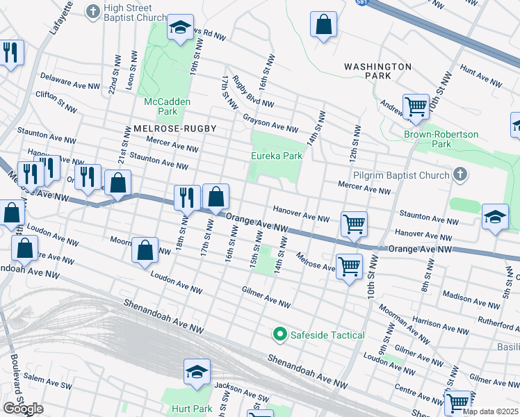 map of restaurants, bars, coffee shops, grocery stores, and more near 1506 Hanover Avenue Northwest in Roanoke