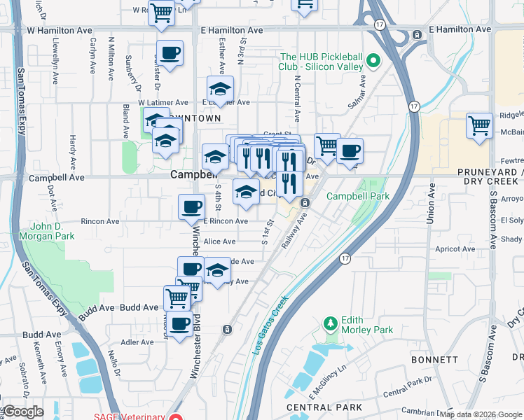 map of restaurants, bars, coffee shops, grocery stores, and more near 110 South Second Street in Campbell