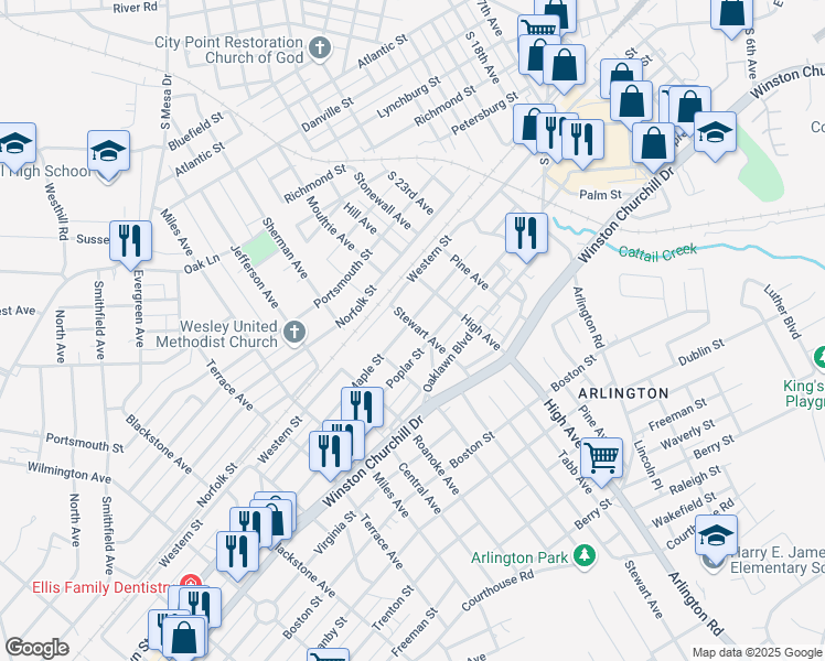 map of restaurants, bars, coffee shops, grocery stores, and more near 2700 Maple Street in Hopewell