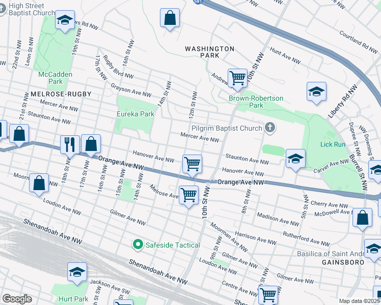 map of restaurants, bars, coffee shops, grocery stores, and more near 1120 Staunton Ave NW in Roanoke