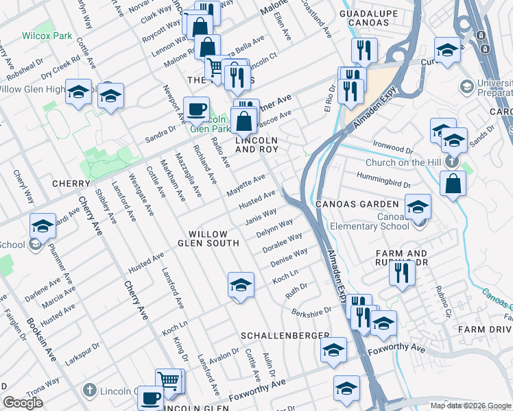 map of restaurants, bars, coffee shops, grocery stores, and more near 1148 Husted Avenue in San Jose