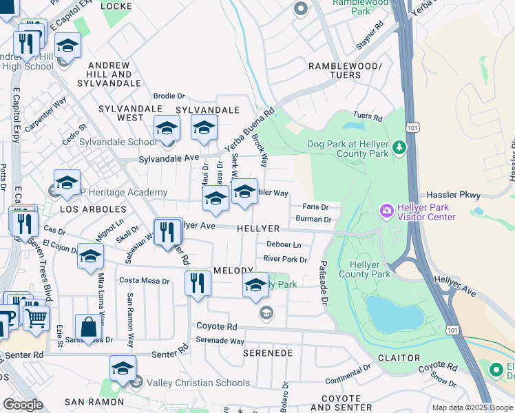 map of restaurants, bars, coffee shops, grocery stores, and more near 4090 Sacramento Avenue in San Jose