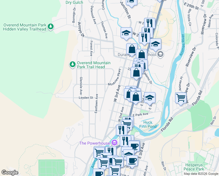 map of restaurants, bars, coffee shops, grocery stores, and more near 1936 Crestview Drive in Durango