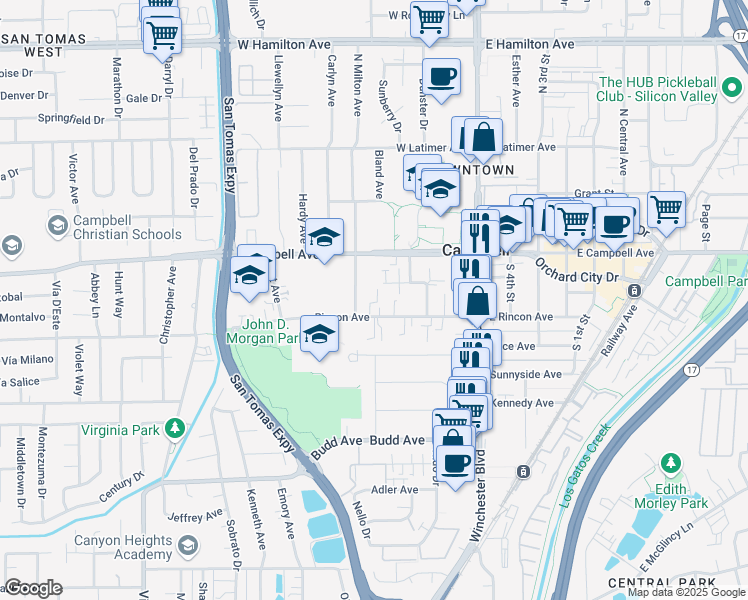 map of restaurants, bars, coffee shops, grocery stores, and more near 257 West Rincon Avenue in Campbell