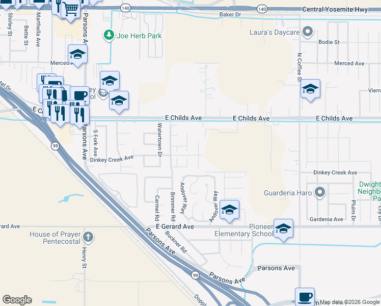 map of restaurants, bars, coffee shops, grocery stores, and more near 194 Livorno Court in Merced