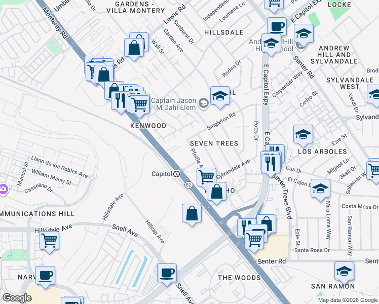 map of restaurants, bars, coffee shops, grocery stores, and more near 13001 Pfeifle Avenue in San Jose