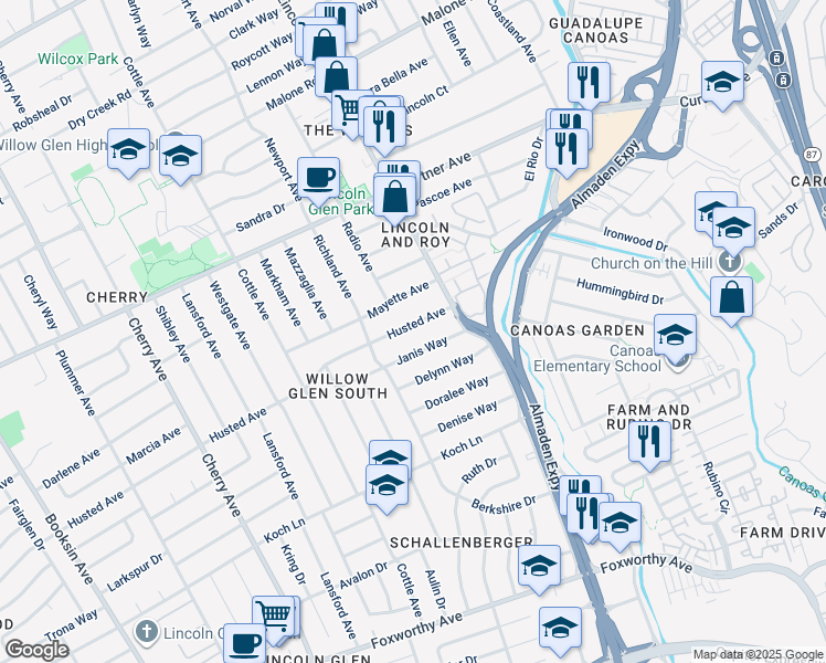 map of restaurants, bars, coffee shops, grocery stores, and more near 1148 Husted Avenue in San Jose