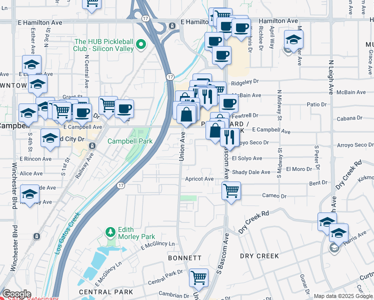 map of restaurants, bars, coffee shops, grocery stores, and more near 78 Union Avenue in Campbell